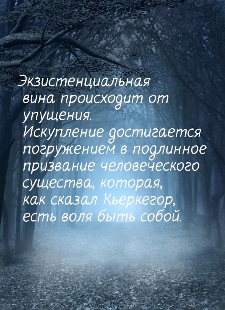 Экзистенциальная вина происходит от упущения. Искупление достигается погружением в подлинн