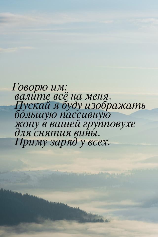 Говорю им: валите всё на меня. Пускай я буду изображать большую пассивную жопу в вашей гру