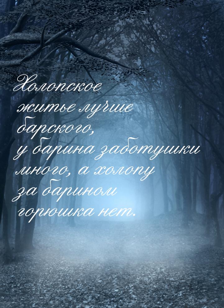 Холопское житье лучше барского, у барина заботушки много, а холопу за барином горюшка нет.