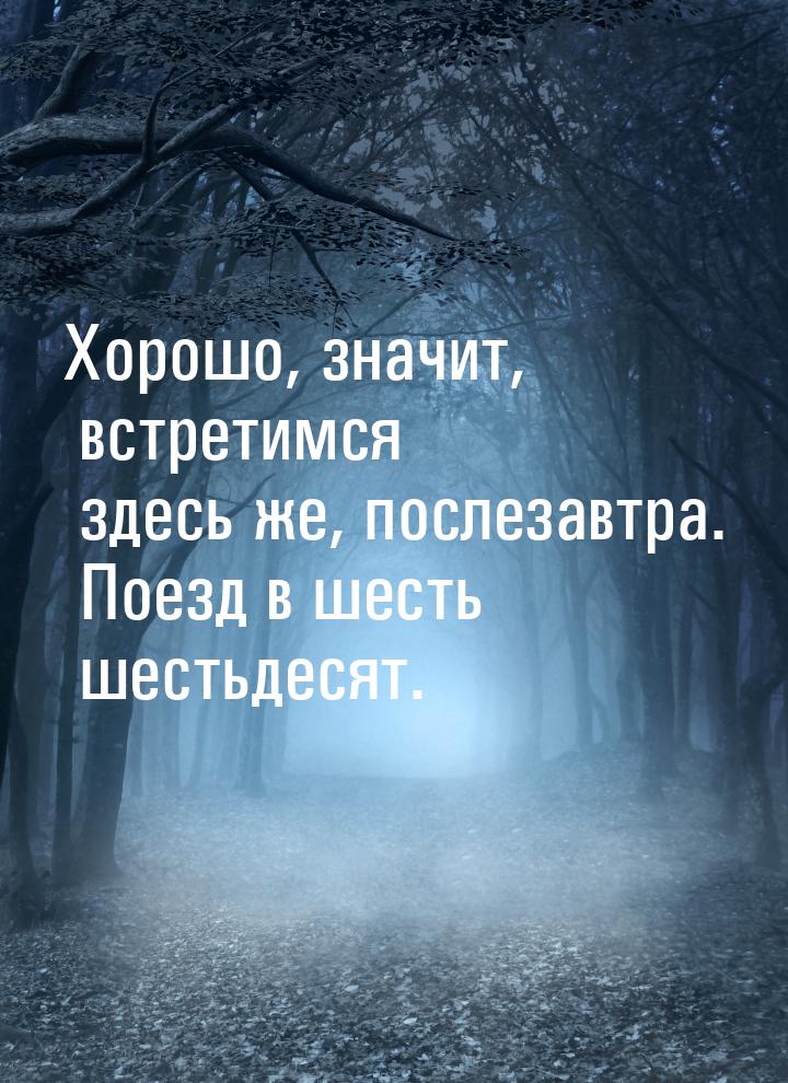 Хорошо, значит, встретимся здесь же, послезавтра. Поезд в шесть шестьдесят.