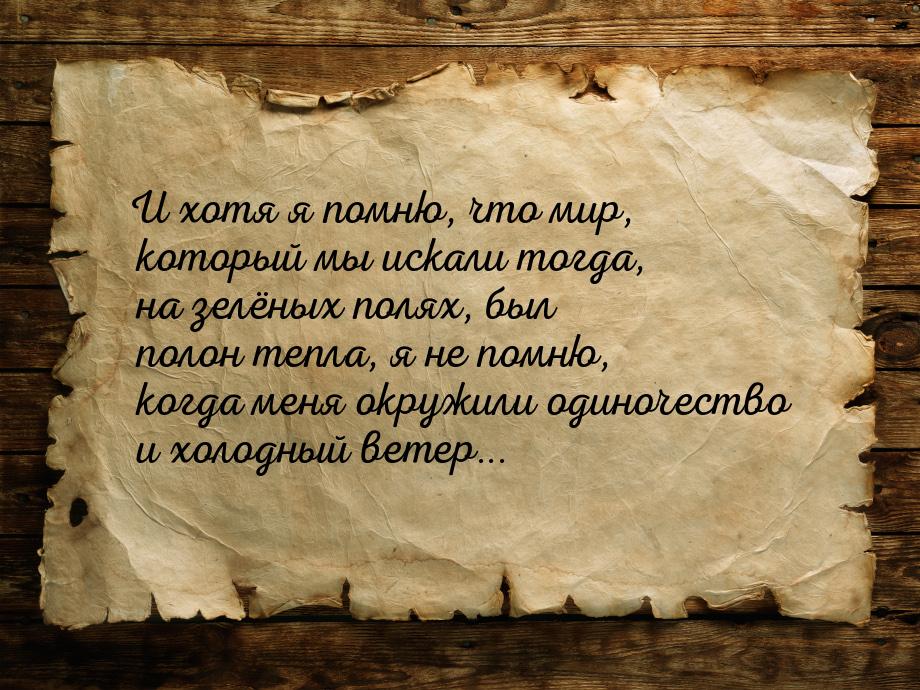 И хотя я помню, что мир, который мы искали тогда, на зелёных полях, был полон тепла, я не 