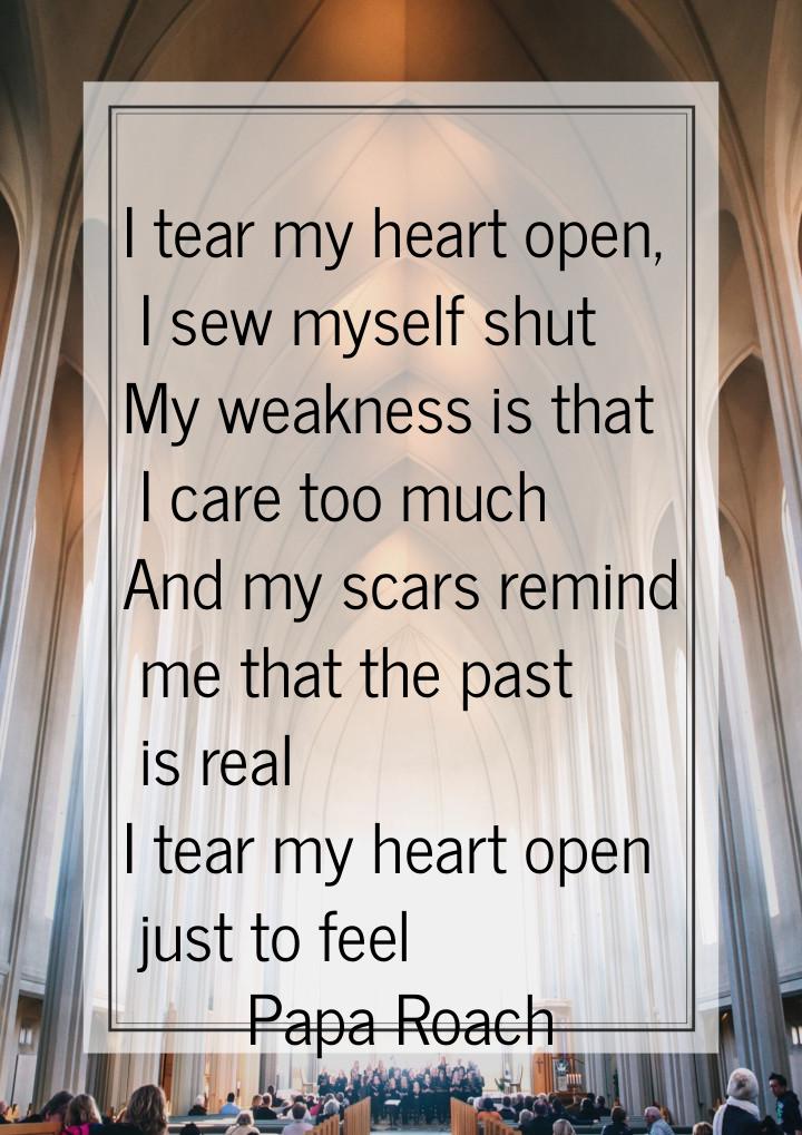 I tear my heart open, I sew myself shut My weakness is that I care too much And my scars r