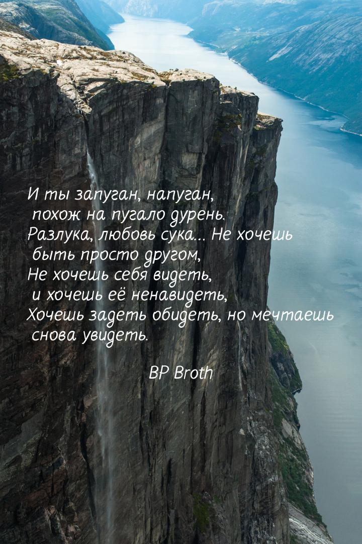 И ты запуган, напуган, похож на пугало дурень. Разлука, любовь сука… Не хочешь быть просто