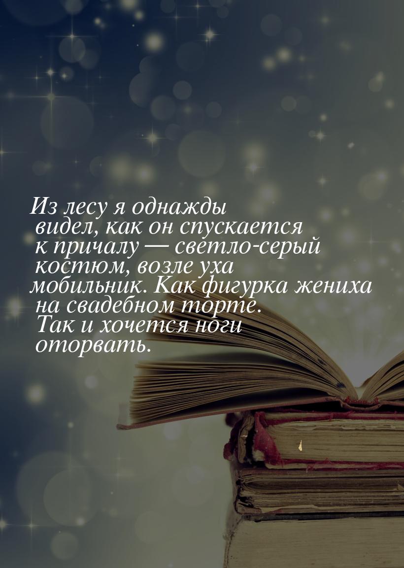 Из лесу я однажды видел, как он спускается к причалу — светло-серый костюм, возле уха моби