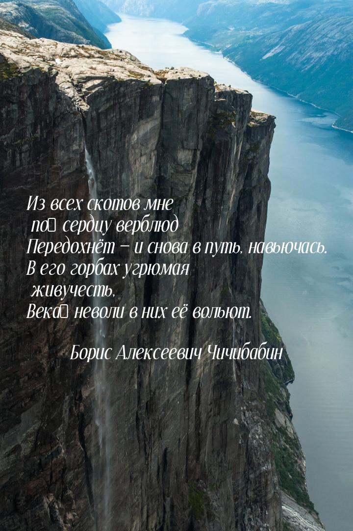 Из всех скотов мне по́ сердцу верблюд Передохнёт  и снова в путь, навьючась. В его 