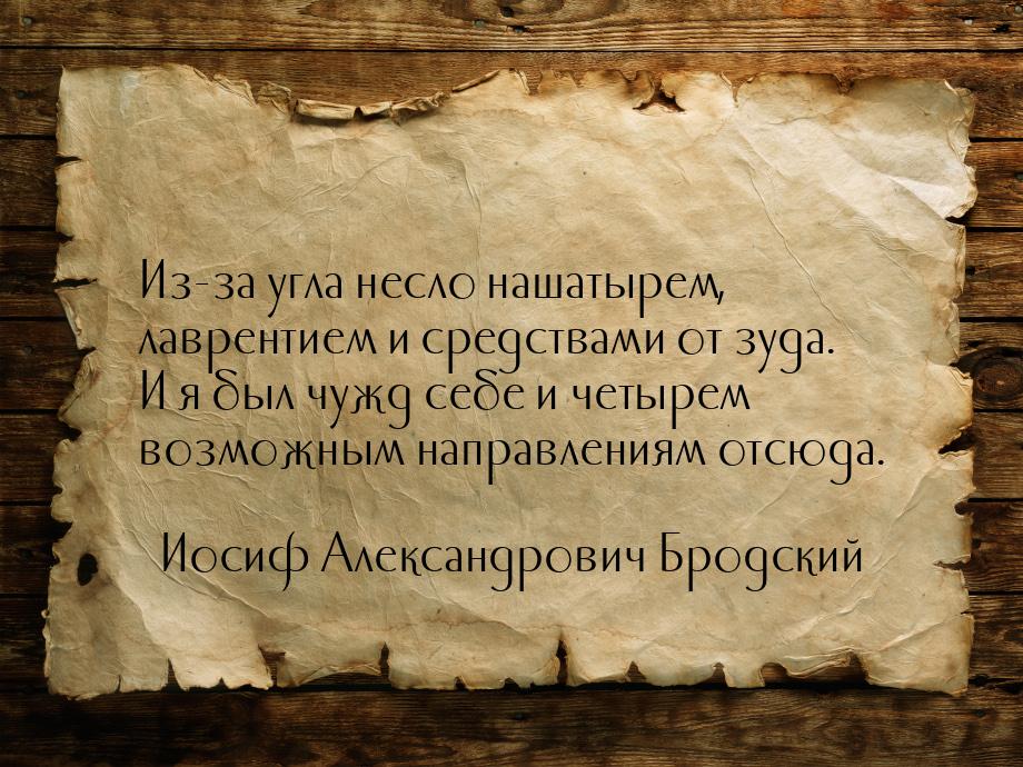 Из-за угла несло нашатырем, лаврентием и средствами от зуда. И я был чужд себе и четырем в