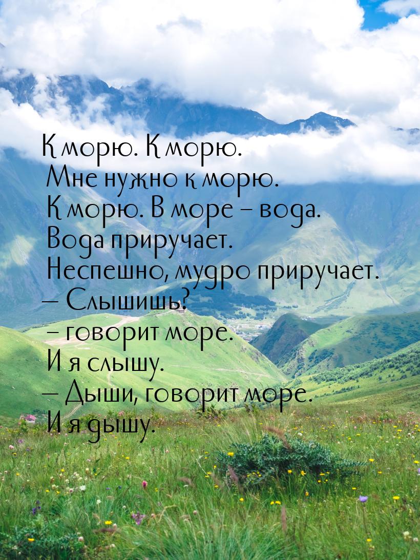 К морю. К морю. Мне нужно к морю. К морю. В море – вода. Вода приручает. Неспешно, мудро п