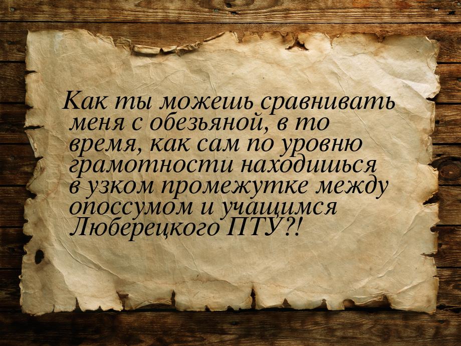 Как ты можешь сравнивать меня с обезьяной, в то время, как сам по уровню грамотности наход