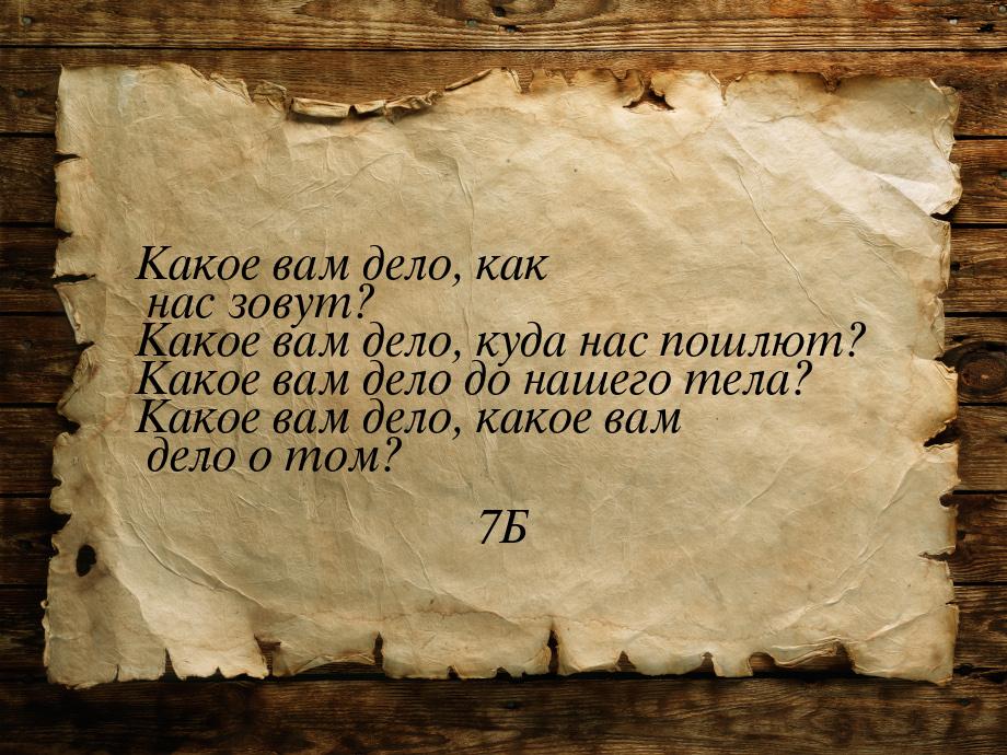 Какое вам дело, как нас зовут? Какое вам дело, куда нас пошлют? Какое вам дело до нашего т