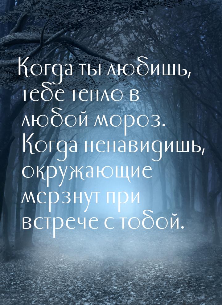 Когда ты любишь, тебе тепло в любой мороз. Когда ненавидишь, окружающие мерзнут при встреч