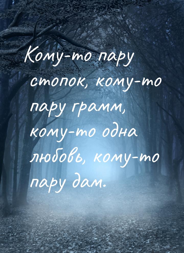 Кому-то пару стопок, кому-то пару грамм, кому-то одна любовь, кому-то пару дам.