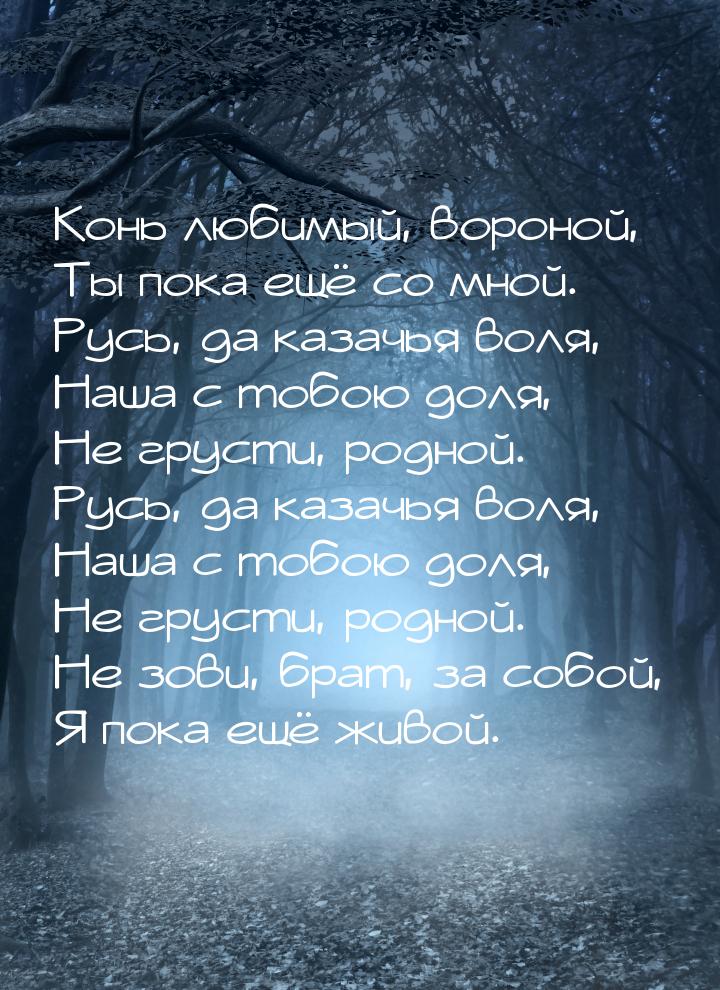 Конь любимый, вороной, Ты пока ещё со мной. Русь, да казачья воля, Наша с тобою доля, Не г