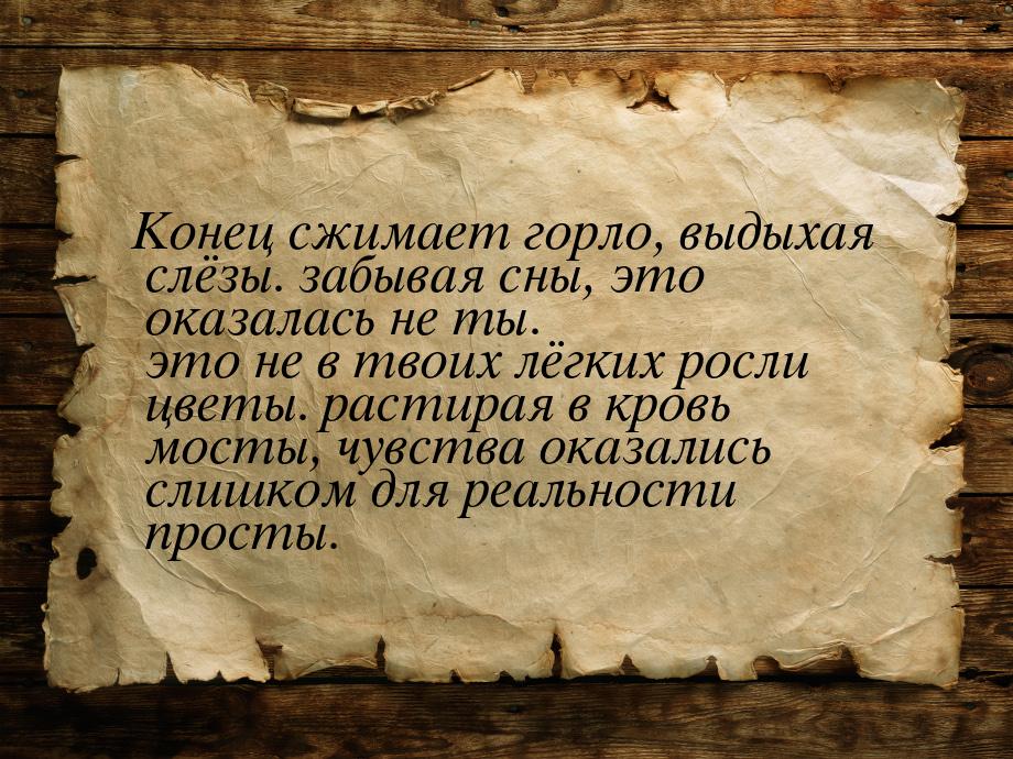 Конец сжимает горло, выдыхая слёзы. забывая сны, это оказалась не ты. это не в твоих лёгки