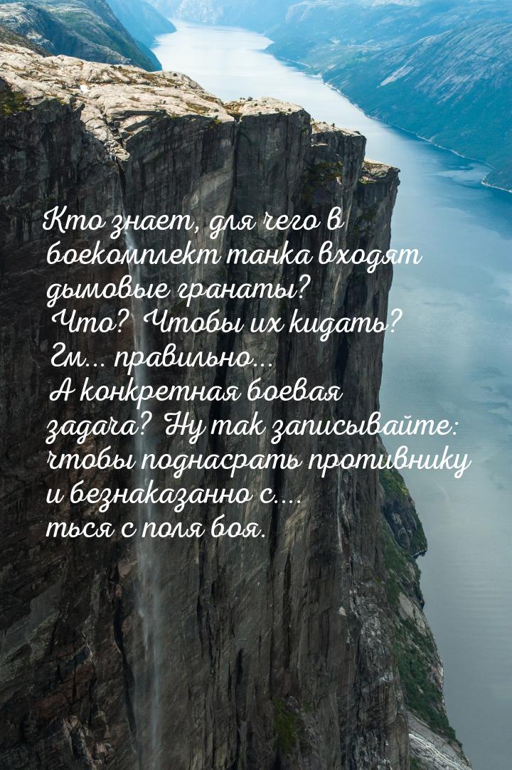 Кто знает, для чего в боекомплект танка входят дымовые гранаты? Что? Чтобы их кидать? Гм..