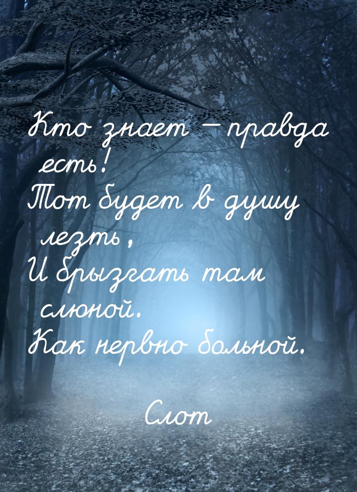 Кто знает  правда есть! Тот будет в душу лезть, И брызгать там слюной. Как нервно б