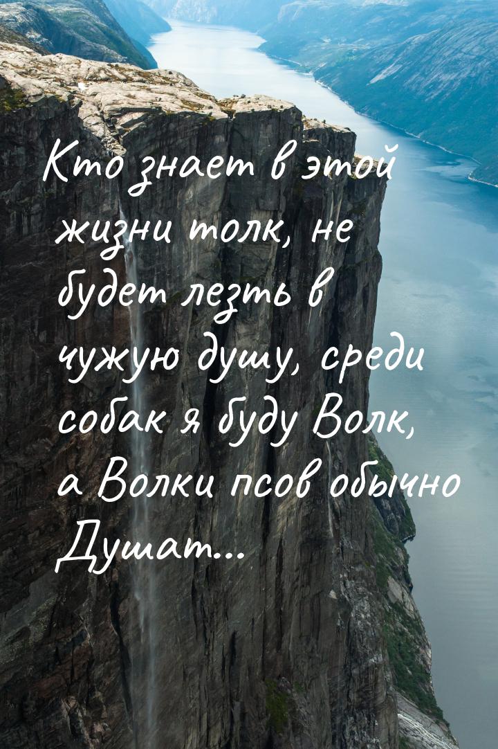 Кто знает в этой жизни толк, не будет лезть в чужую душу, среди собак я буду Волк, а Волки