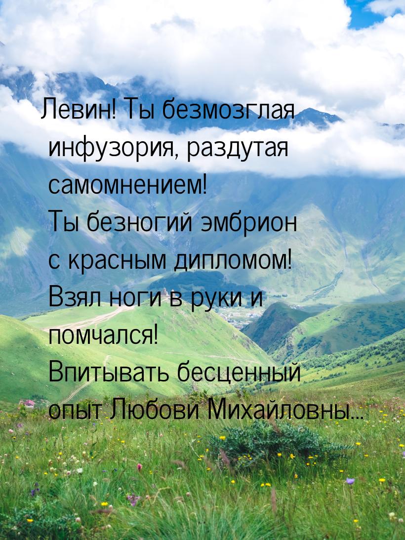 Левин! Ты безмозглая инфузория, раздутая самомнением! Ты безногий эмбрион с красным диплом