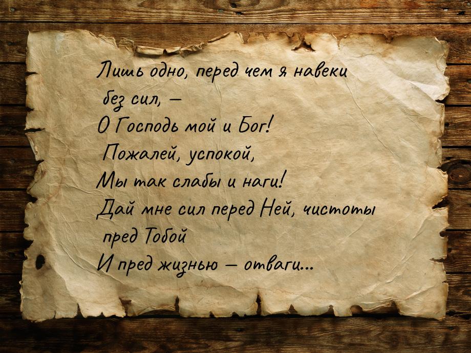 Лишь одно, перед чем я навеки без сил, — О Господь мой и Бог! Пожалей, успокой, Мы так сла