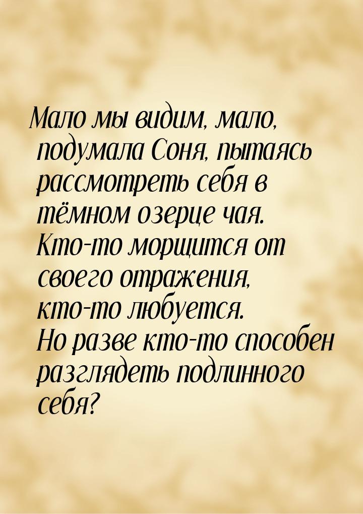 Мало мы видим, мало, подумала Соня, пытаясь рассмотреть себя в тёмном озерце чая. Кто-то м