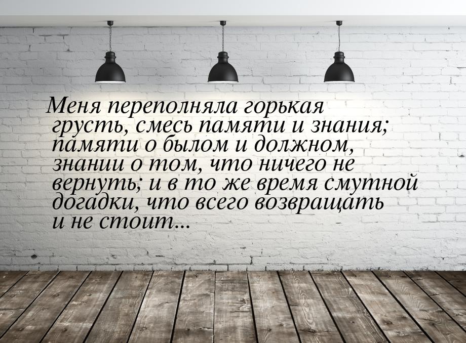 Меня переполняла горькая грусть, смесь памяти и знания; памяти о былом и должном, знании о