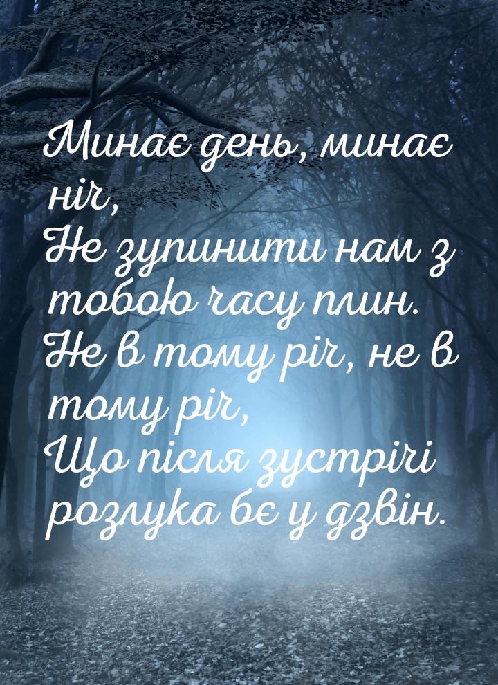 Минає день, минає ніч, Не зупинити нам з тобою часу плин. Не в тому річ, не в тому річ, Що