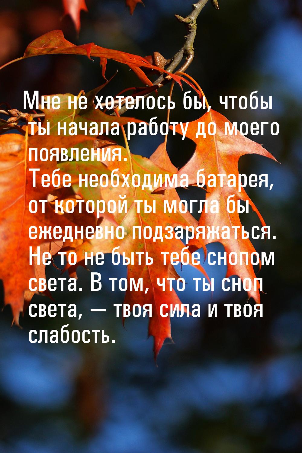 Мне не хотелось бы, чтобы ты начала работу до моего появления. Тебе необходима батарея, от