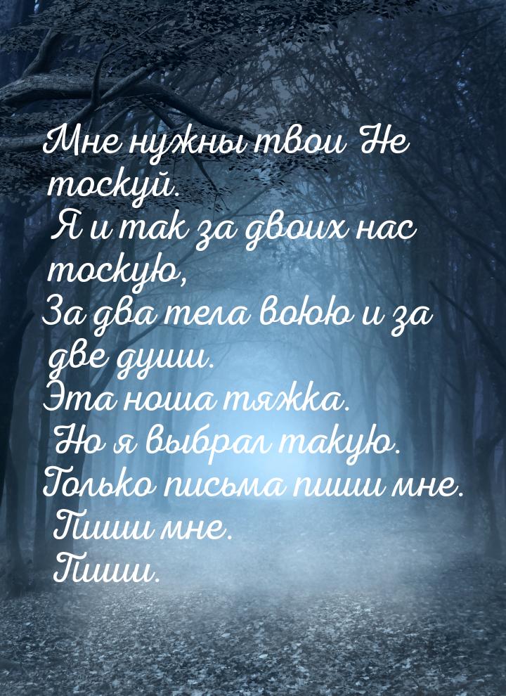 Мне нужны твои Не тоскуй. Я и так за двоих нас тоскую, За два тела воюю и за две души. Эта