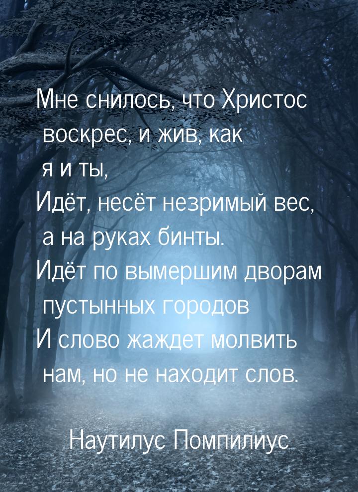 ﻿Мне снилось, что Христос воскрес, и жив, как я и ты, Идёт, несёт незримый вес, а на руках