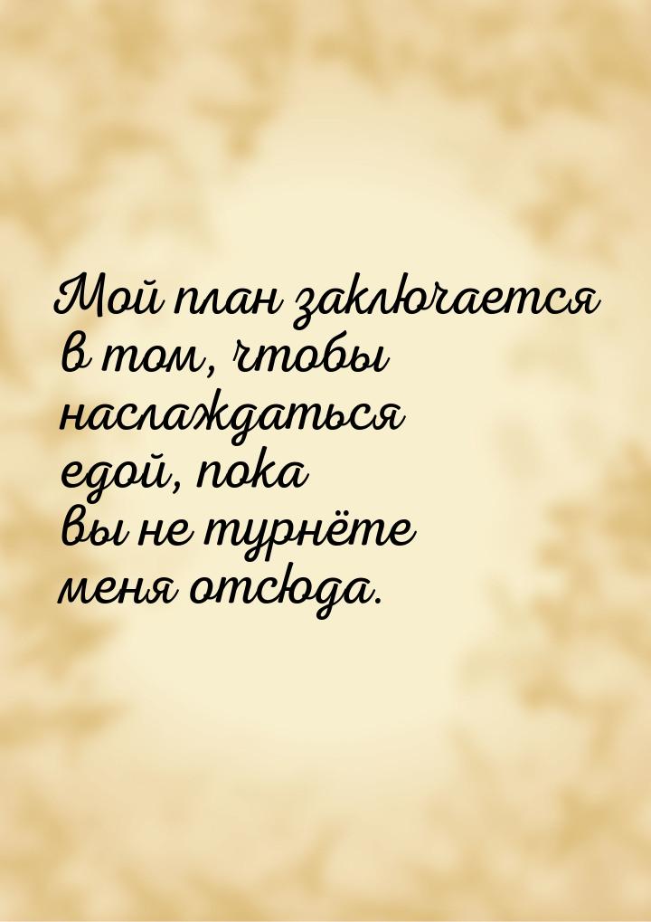 Мой план заключается в том, чтобы наслаждаться едой, пока вы не турнёте меня отсюда.