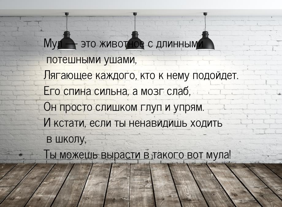 Мул — это животное с длинными потешными ушами, Лягающее каждого, кто к нему подойдет. Его 