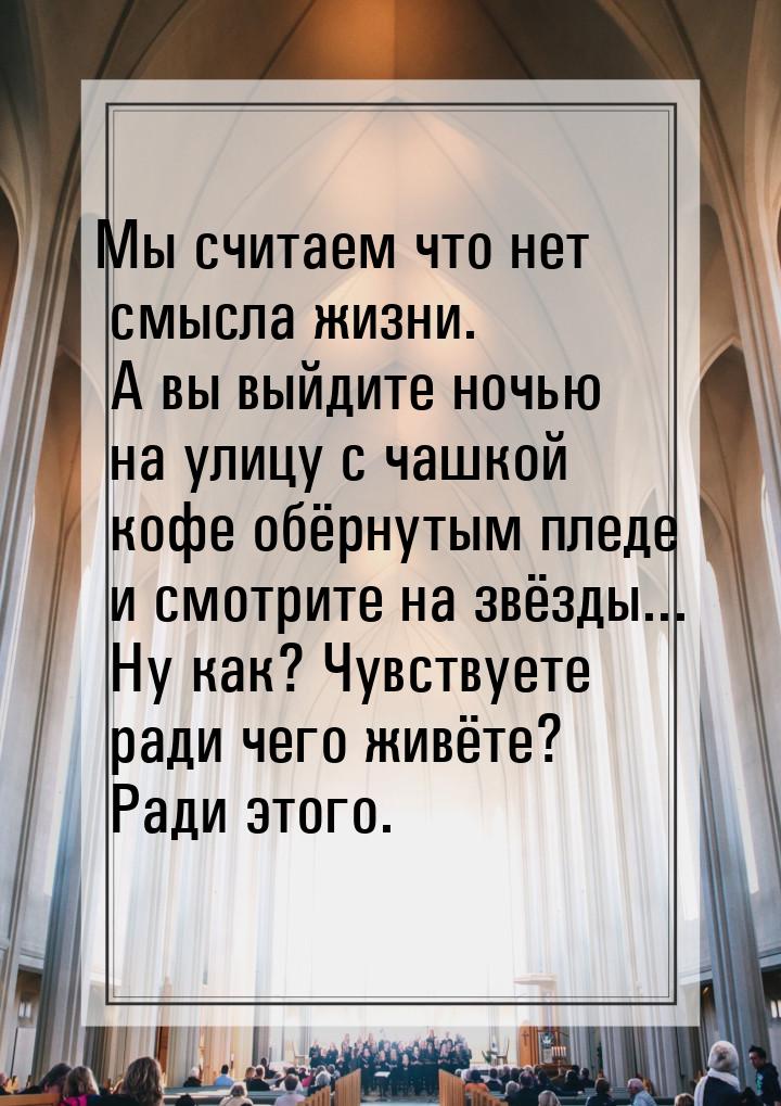 Мы считаем что нет смысла жизни. А вы выйдите ночью на улицу с чашкой кофе обёрнутым пледе