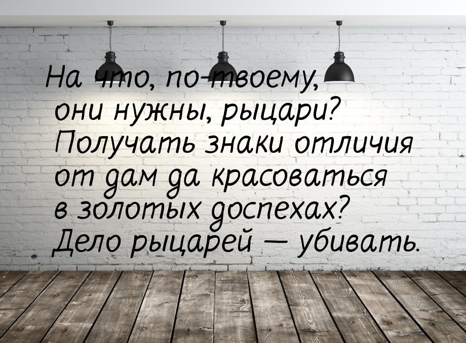 На что, по-твоему, они нужны, рыцари? Получать знаки отличия от дам да красоваться в золот