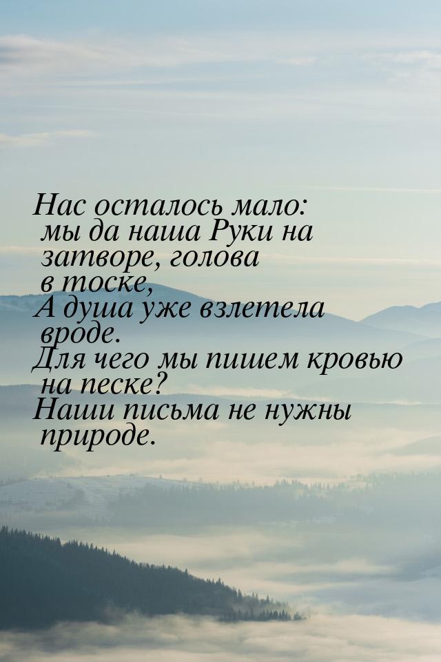 Нас осталось мало: мы да наша Руки на затворе, голова в тоске, А душа уже взлетела вроде. 