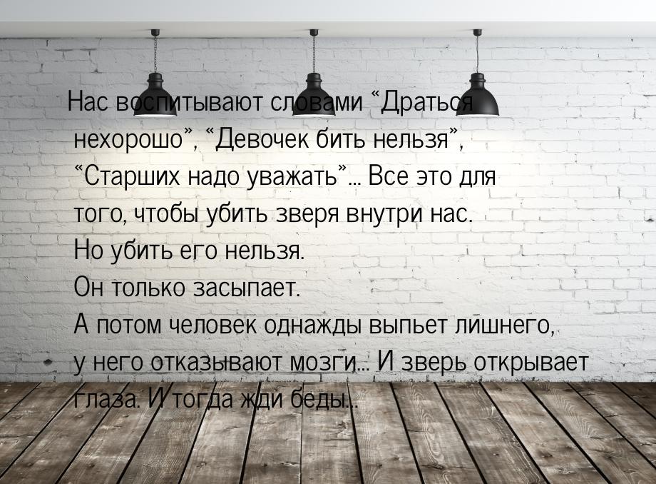 Нас воспитывают словами «Драться нехорошо», «Девочек бить нельзя», «Старших надо уважать»…