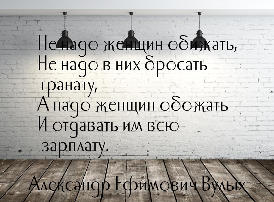 Не надо женщин обижать, Не надо в них бросать гранату, А надо женщин обожать И отдавать им