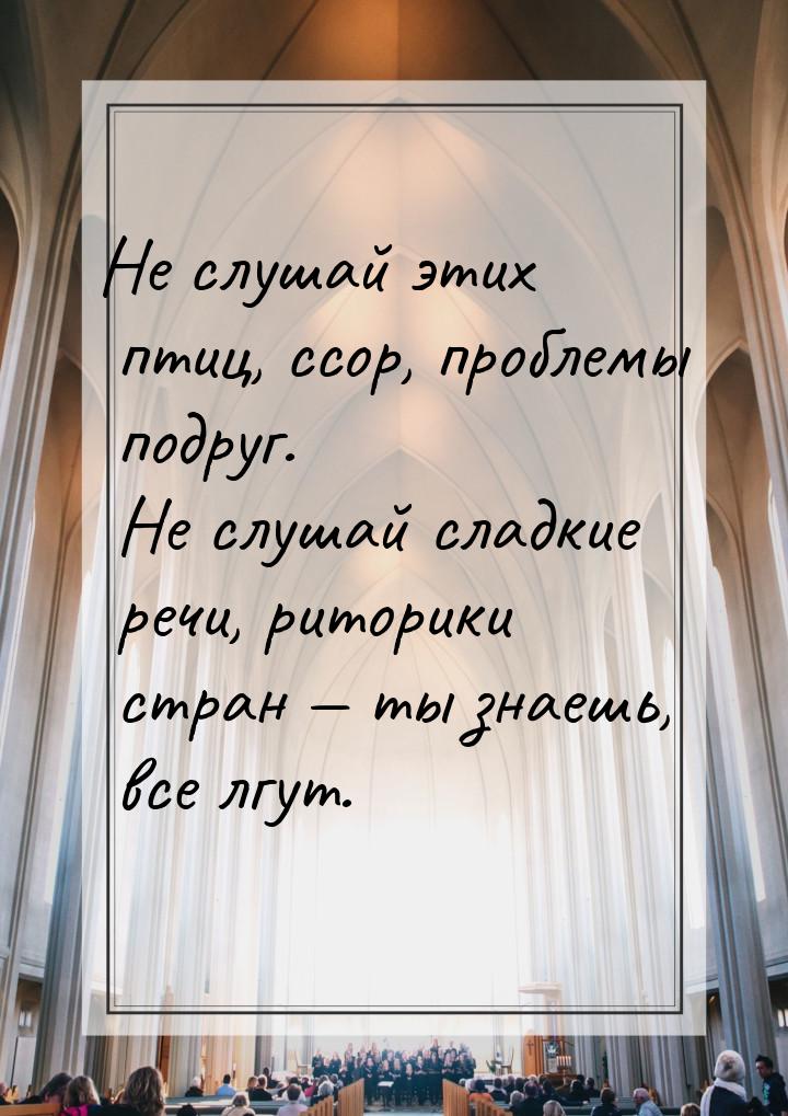 Не слушай этих птиц, ссор, проблемы подруг. Не слушай сладкие речи, риторики стран 