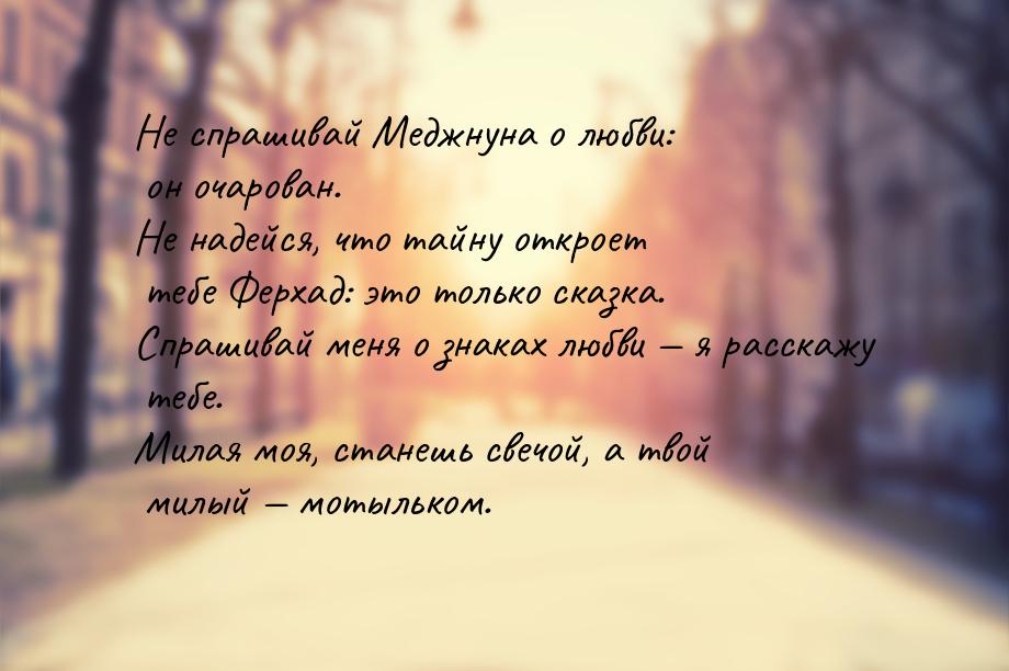 Не спрашивай Меджнуна о любви: он очарован. Не надейся, что тайну откроет тебе Ферхад: это