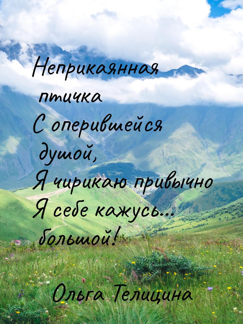 Неприкаянная птичка С оперившейся душой, Я чирикаю привычно Я себе кажусь... большой!