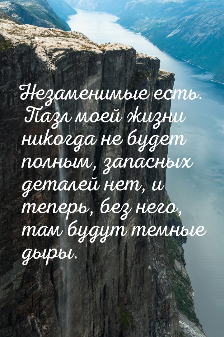 Незаменимые есть. Пазл моей жизни никогда не будет полным, запасных деталей нет, и теперь,