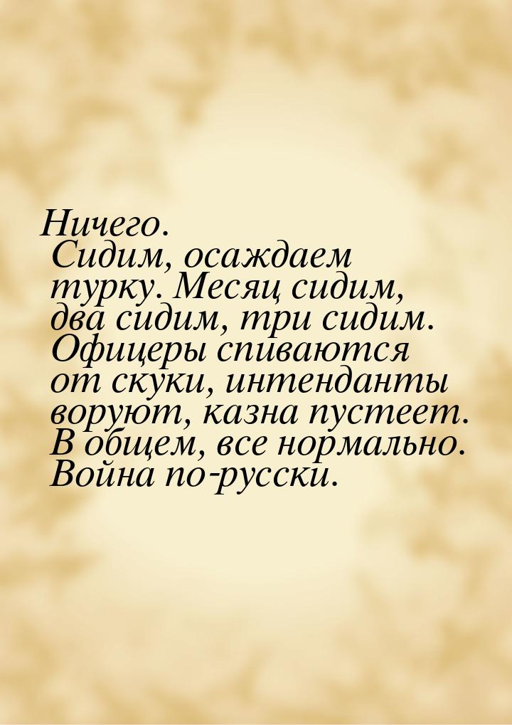 Ничего. Сидим, осаждаем турку. Месяц сидим, два сидим, три сидим. Офицеры спиваются от ску