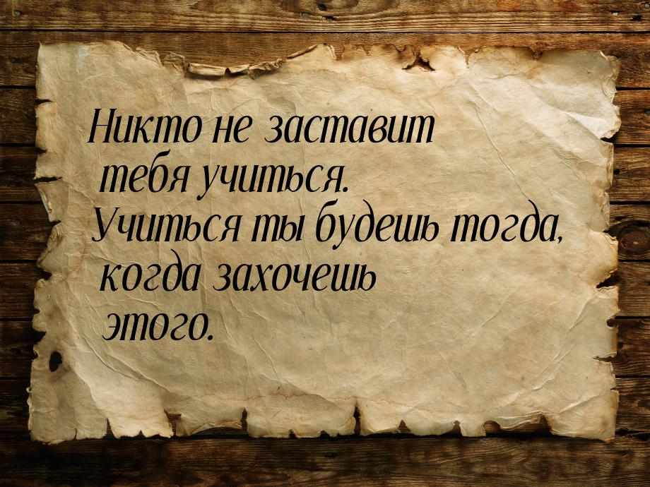 Никто не заставит тебя учиться. Учиться ты будешь тогда, когда захочешь этого.