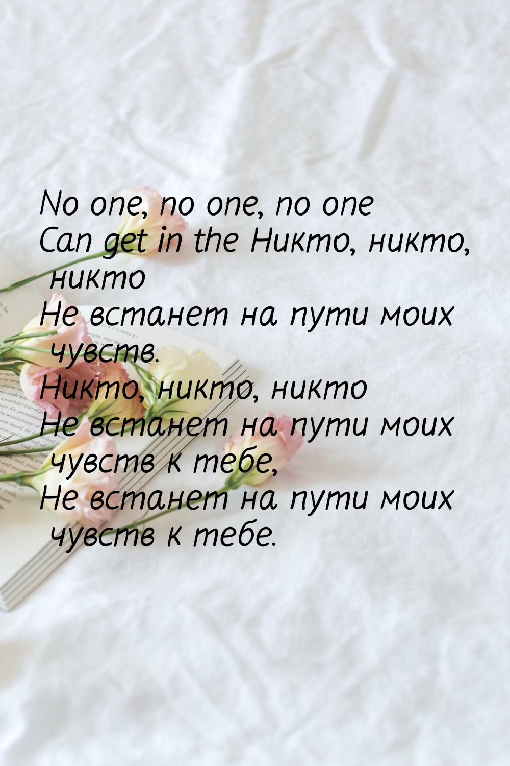 No one, no one, no one Can get in the Никто, никто, никто Не встанет на пути моих чувств. 