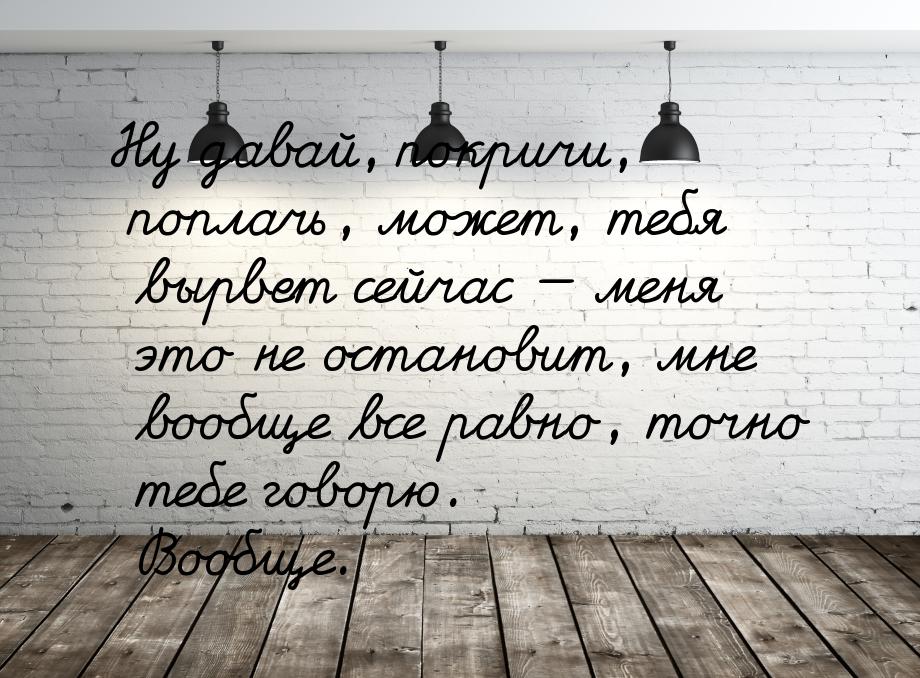 Ну давай, покричи, поплачь, может, тебя вырвет сейчас — меня это не остановит, мне вообще 