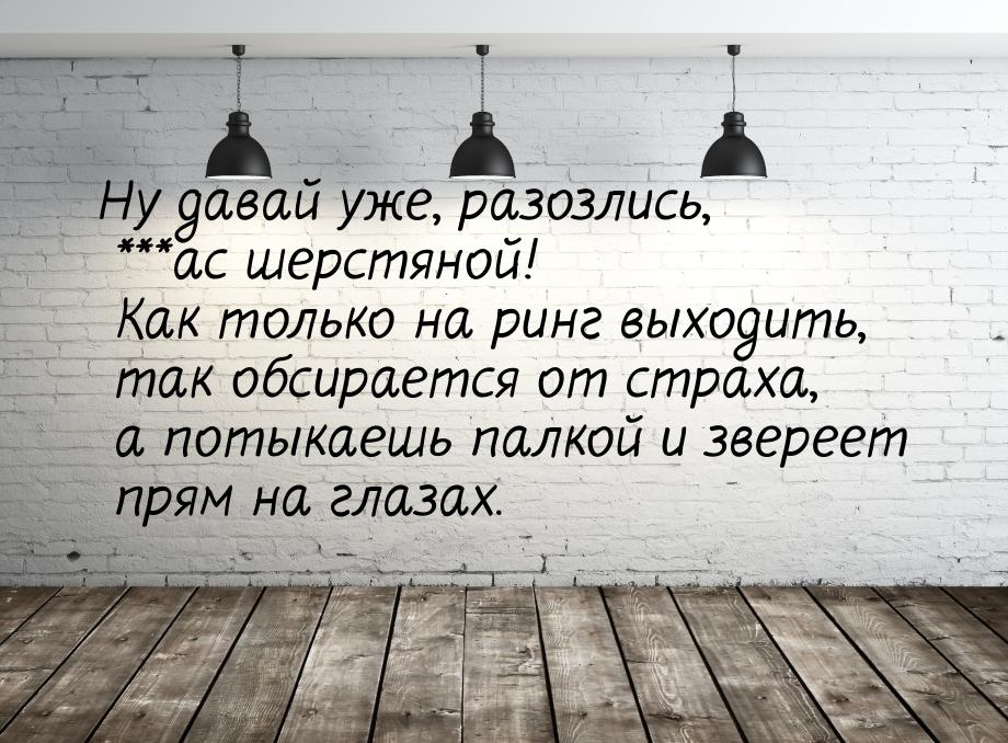 Ну давай уже, разозлись, ***ас шерстяной! Как только на ринг выходить, так обсирается от с