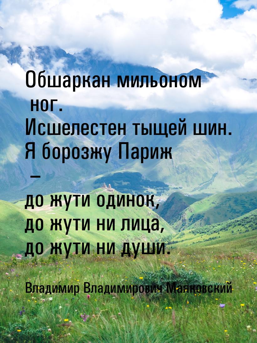 Обшаркан мильоном ног. Исшелестен тыщей шин. Я борозжу Париж – до жути одинок, до жути ни 