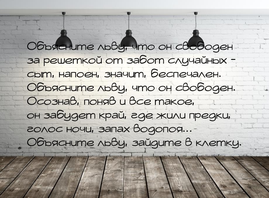 Объясните  льву,  что он свободен за решеткой  от забот  случайных  - сыт,  напоен,  значи