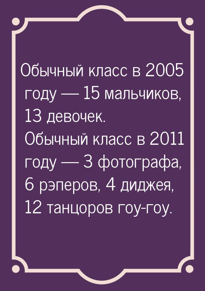 Обычный класс в 2005 году  15 мальчиков, 13 девочек. Обычный класс в 2011 году &mda