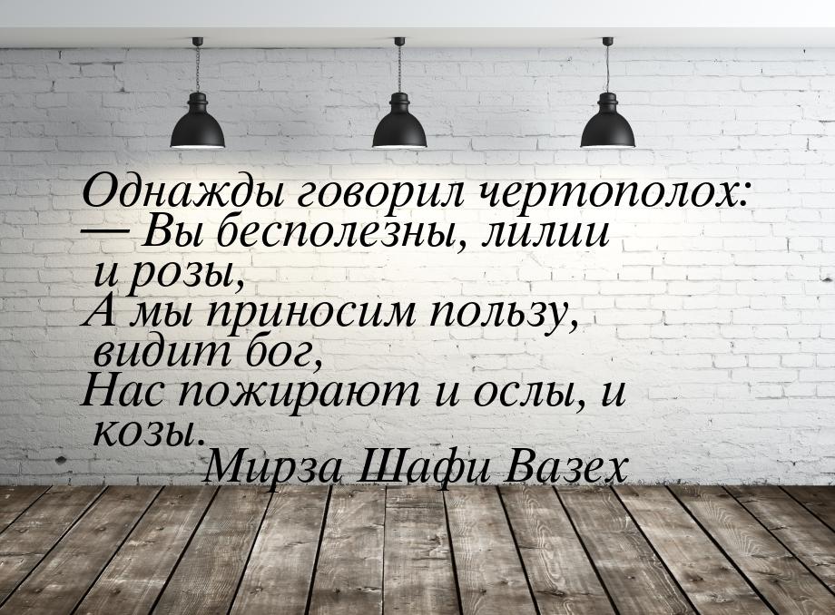 Однажды говорил чертополох: — Вы бесполезны, лилии и розы, А мы приносим пользу, видит бог