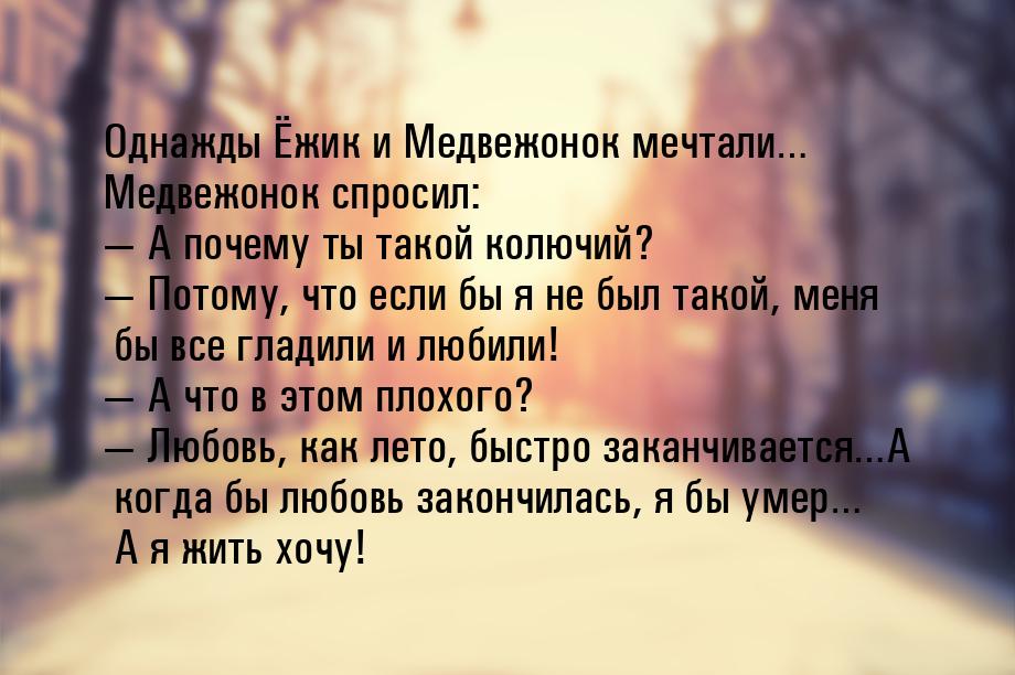 Однажды Ёжик и Медвежонок мечтали… Медвежонок спросил:  А почему ты такой колючий? 