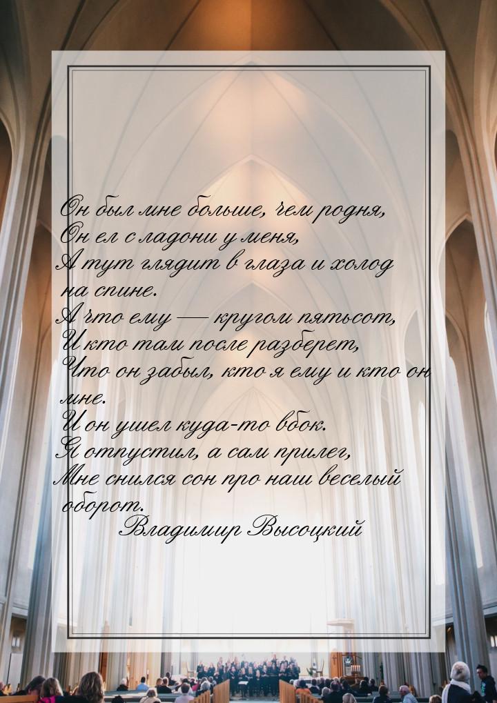 Он был мне больше, чем родня, Он ел с ладони у меня, А тут глядит в глаза и холод на спине